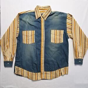 Vintage Member's Property Striped Denim Shirt Blue L Oversized Button Up Y2K